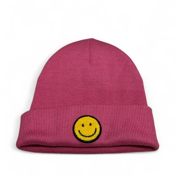 Pink Smiley Face Knit Beanie Hat - Picture 1 of 2